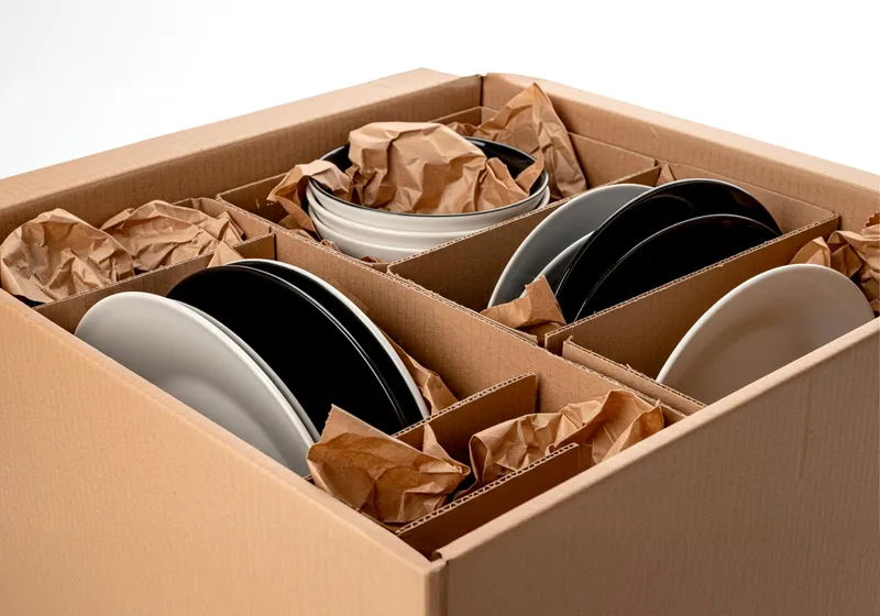 Plates packed safely in a box with kraft void fill paper